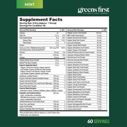 Greens First Original Greens Powder - 49 Superfoods - Organic Fruits & Veggies - Prebiotics, Probiotics & Digestive Enzymes - Antioxidant Smoothie - Dairy-Free, Vegan & Non-GM (Mint, 60 Servings)