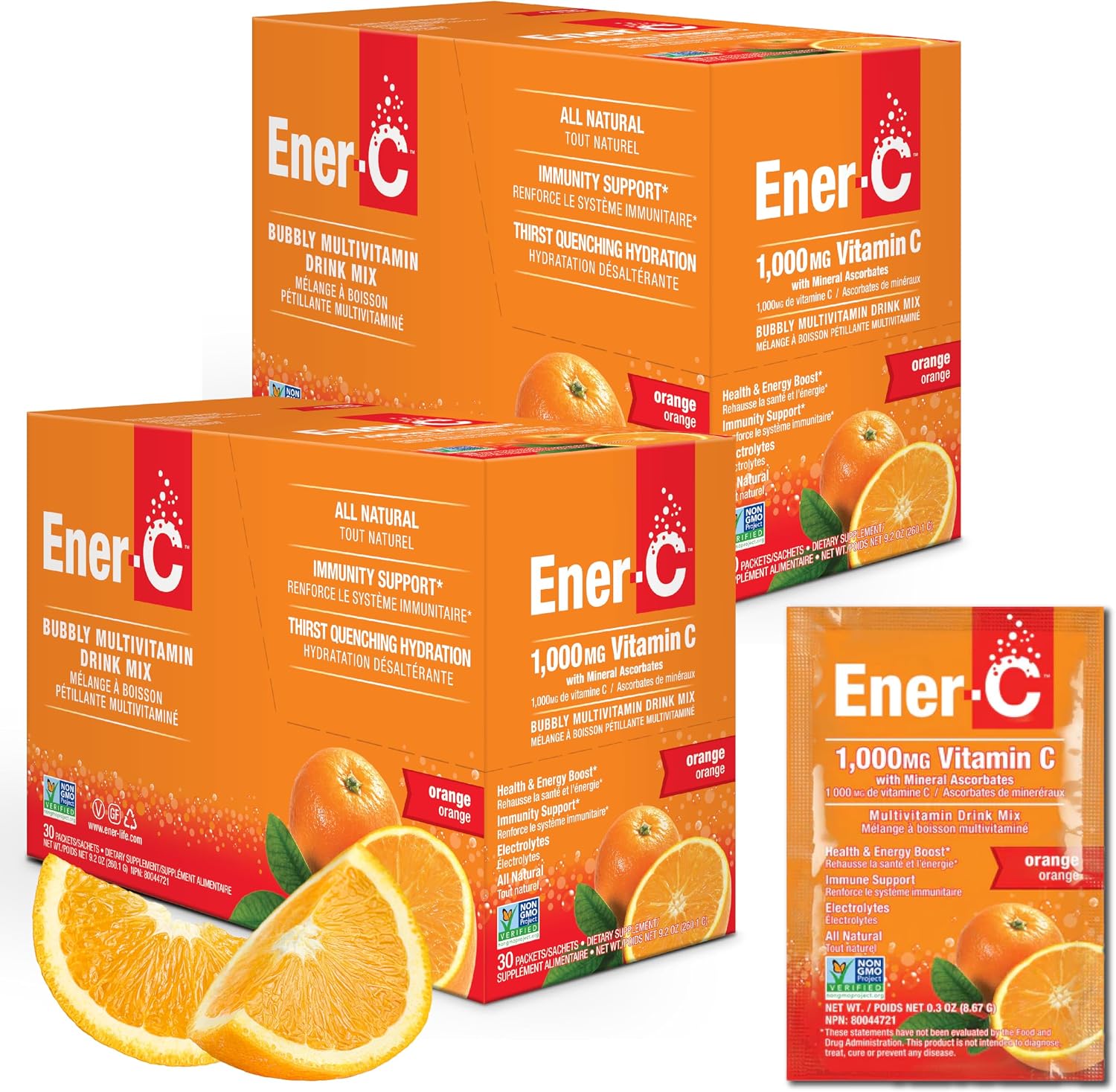 Ener-C Multivitamin Drink Mix, Immune Booster for Adults - Orange, 60 Count | Vitamin Packets for Water, Electrolytes Powder Packets, Vitamin Drink Mix, Hydration Liquid Mix - görsel 1