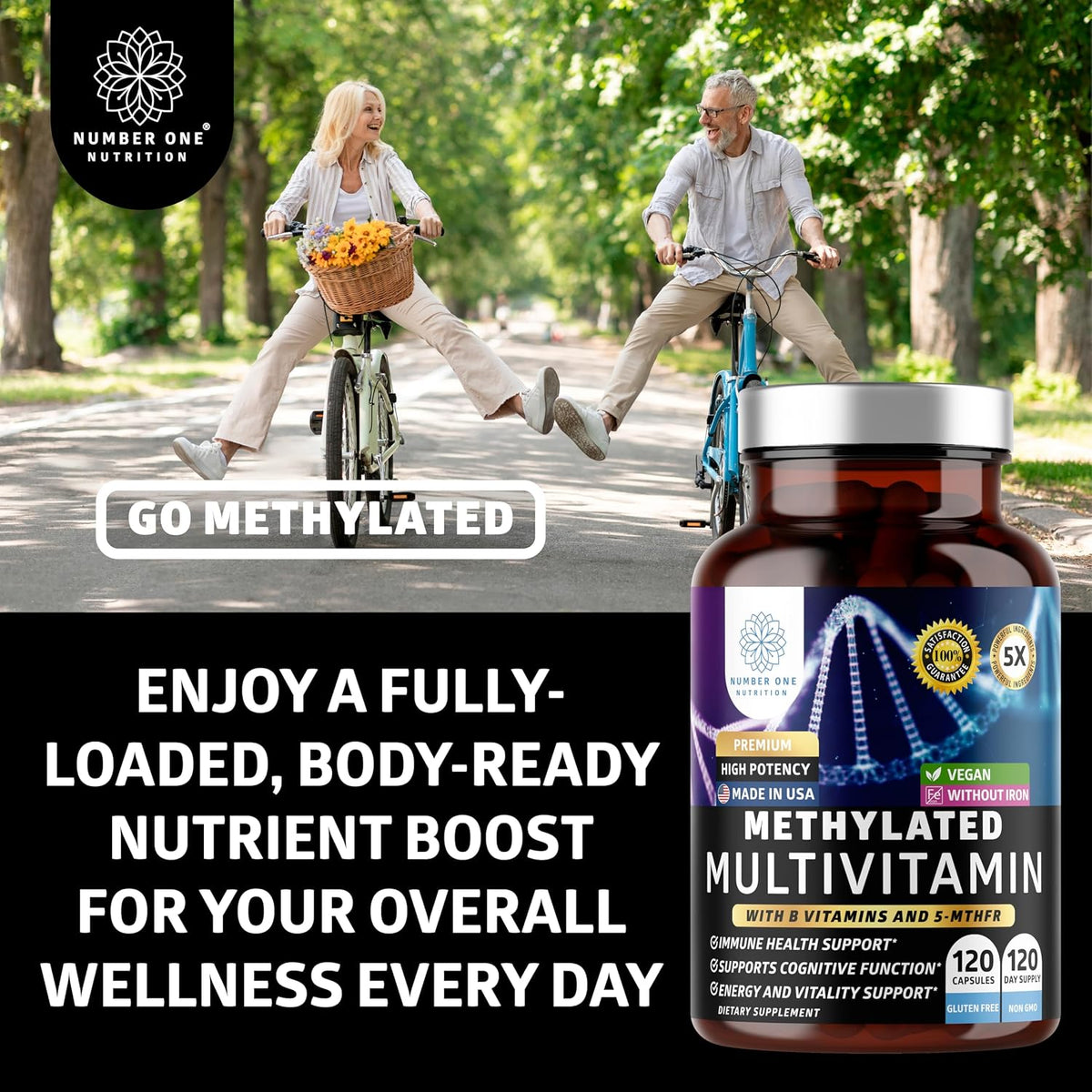 Number One Nutrition Methylated Multivitamin for Women & Men, Natural Daily Multivitamins with Folate, Vitamin B12, Vitamin B2 and B6, Non-GMO, Gluten-free, 120 Caps - görsel 5