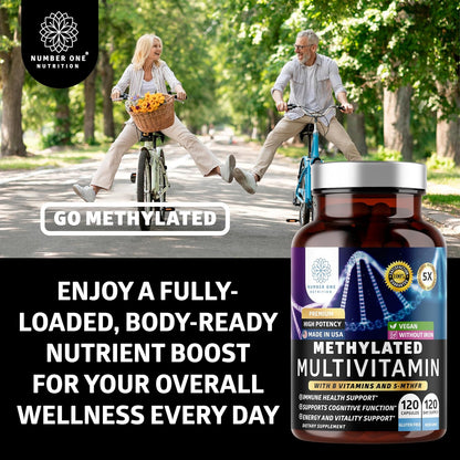 Number One Nutrition Methylated Multivitamin for Women & Men, Natural Daily Multivitamins with Folate, Vitamin B12, Vitamin B2 and B6, Non-GMO, Gluten-free, 120 Caps
