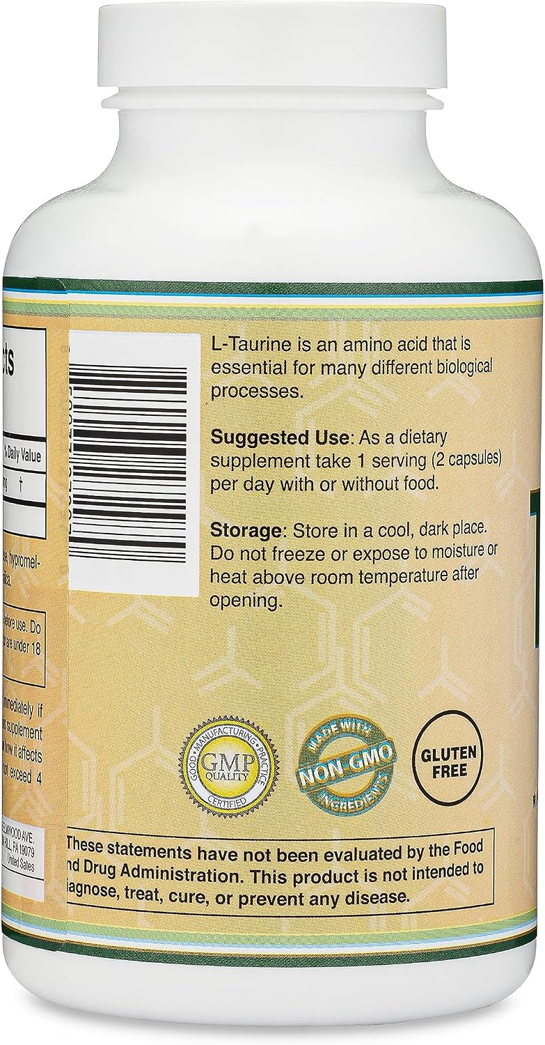 Taurine Supplement 1000mg Per Serving, 180 Capsules - Amino Acid for Daily Wellness (Taurina) Vegan, Gluten-free, Non-GMO by Double Wood - görsel 4