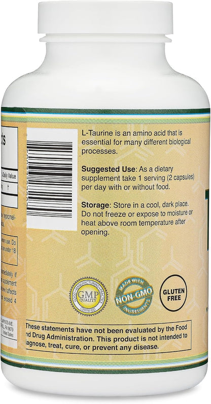 Taurine Supplement 1000mg Per Serving, 180 Capsules - Amino Acid for Daily Wellness (Taurina) Vegan, Gluten-free, Non-GMO by Double Wood