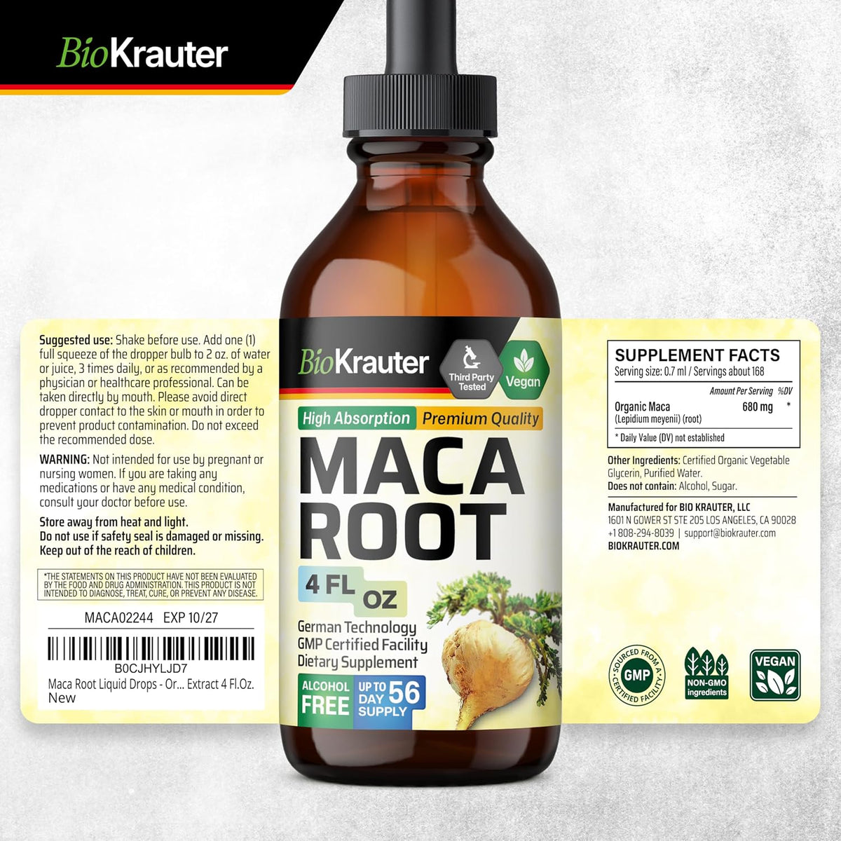 BIO KRAUTER Maca Root Liquid Drops - Vegan, Alcohol-Free, 680 mg, 120 ml (56-Day Supply) - görsel 9