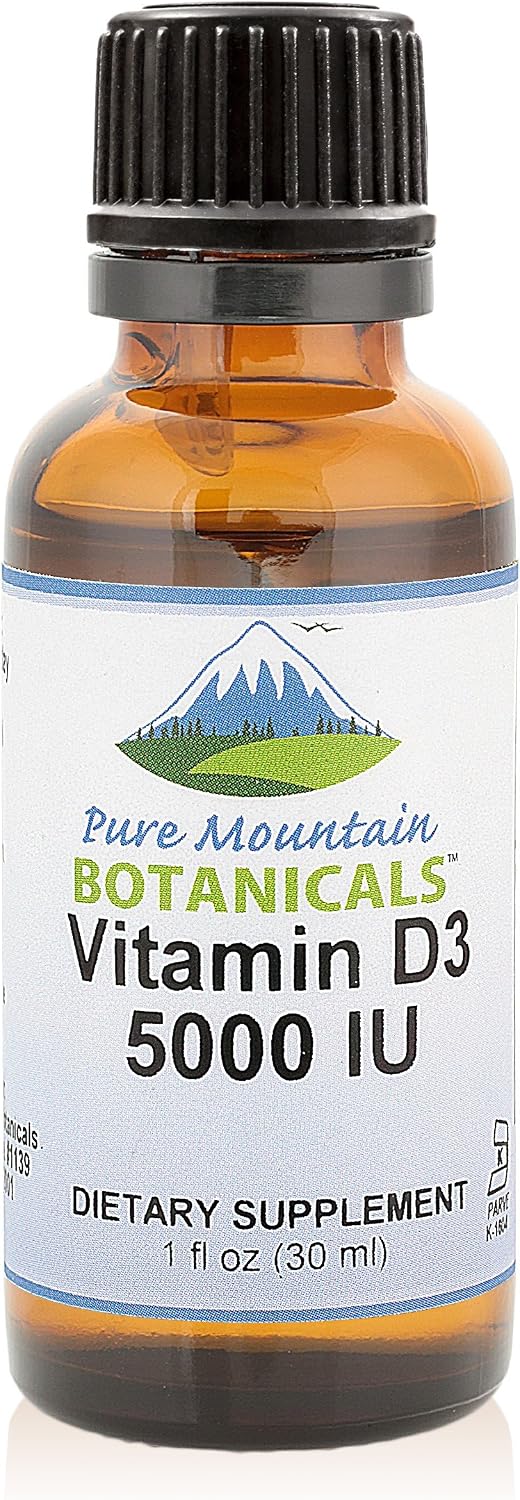 Pure Mountain Botanicals Vitamin D3 Liquid Drops 5000 IU (125 mcg) – Kosher, Non-GMO, Gluten-Free, Unflavoured, 177 Servings - görsel 1