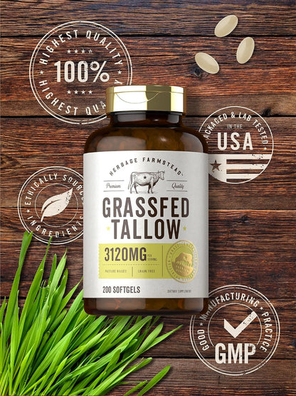 Carlyle Grass Fed Beef Tallow 3120mg | 200 Soft gel capsule Capsules | Pasture Raised Bovine Supplement | Non-GM, Gluten-free | by Herbage Farmstead