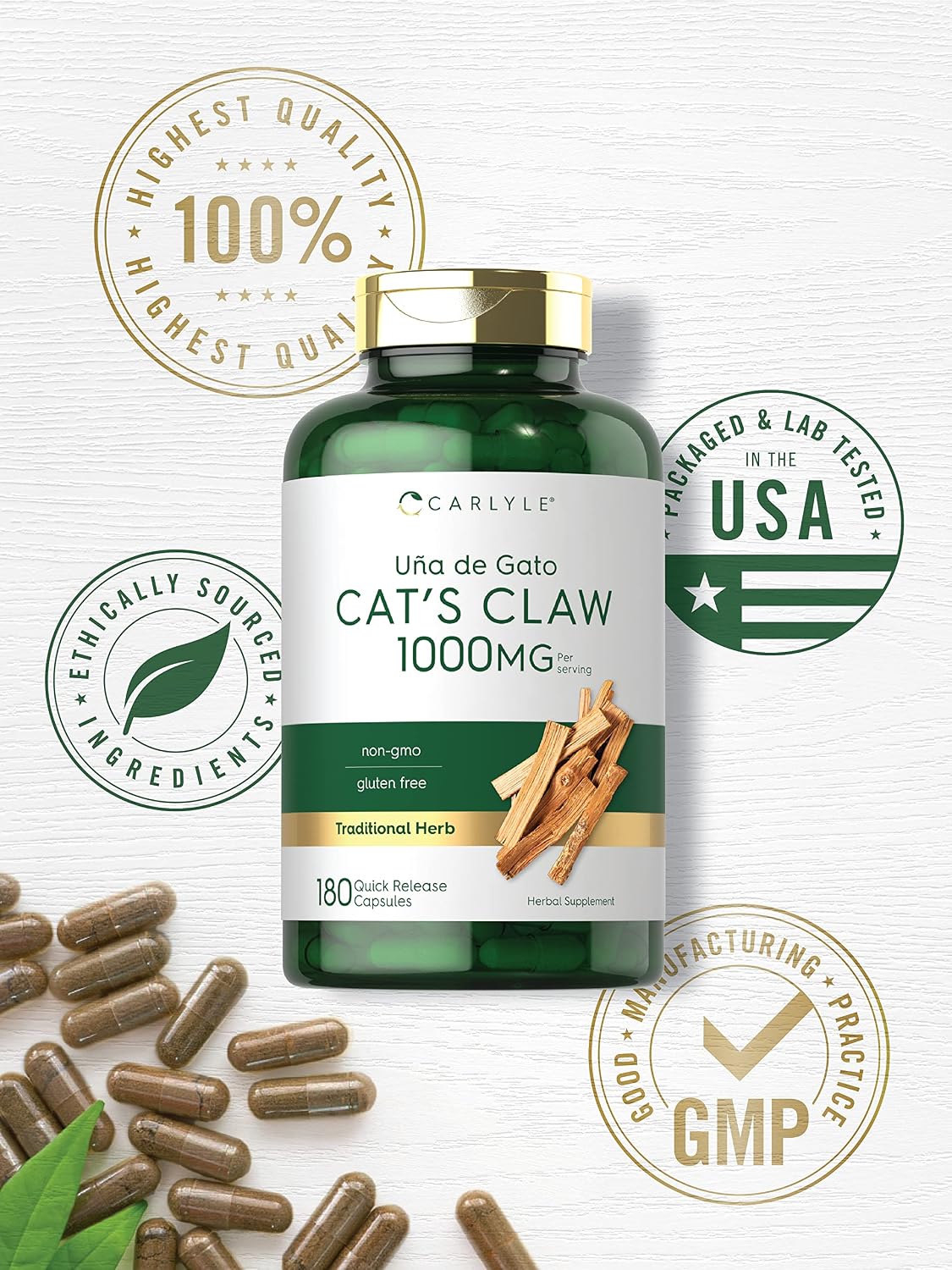 Carlyle Cat's Claw Herb Capsules 1000mg - Uncaria Tomentosa - Non-GMO, Gluten-free (180 Capsules) - görsel 5