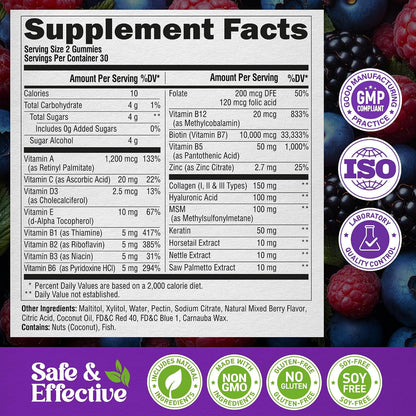 NUTRAHARMONY Biotin Gummies with Collagen - Hair, Skin and Nail Support - 10000mcg - Sugar-Free - Mixed Berry (2-Pack)