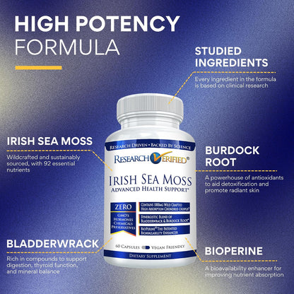Research Verified Irish Sea Moss - Bladderwrack, Burdock, BioPerine - Rich in Prebiotics - 60 Capsules - Vegan - Made in the USA