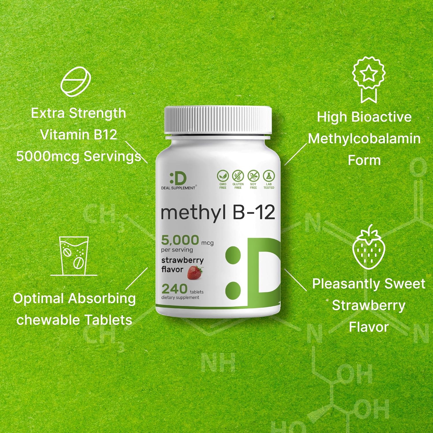 DEAL SUPPLEMENT Methyl B-12 5000 mcg Chewable Tablets - Active Methylcobalamin, Strawberry Flavoured, 240 Count - görsel 4