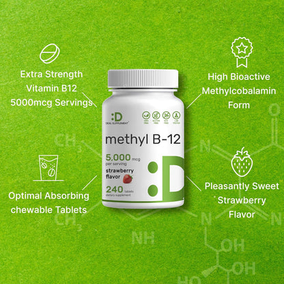 DEAL SUPPLEMENT Methyl B-12 5000 mcg Chewable Tablets - Active Methylcobalamin, Strawberry Flavoured, 240 Count