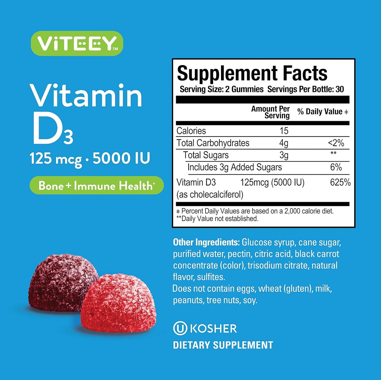 Viteey Vitamin D3 Gummies for Adults & Teens – 5,000 IU (125 mcg) – Chewable Berry Flavour – Vegetarian & Gelatine Free – 60 Count - görsel 4
