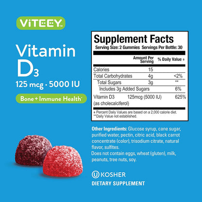 Viteey Vitamin D3 Gummies for Adults & Teens – 5,000 IU (125 mcg) – Chewable Berry Flavour – Vegetarian & Gelatine Free – 60 Count