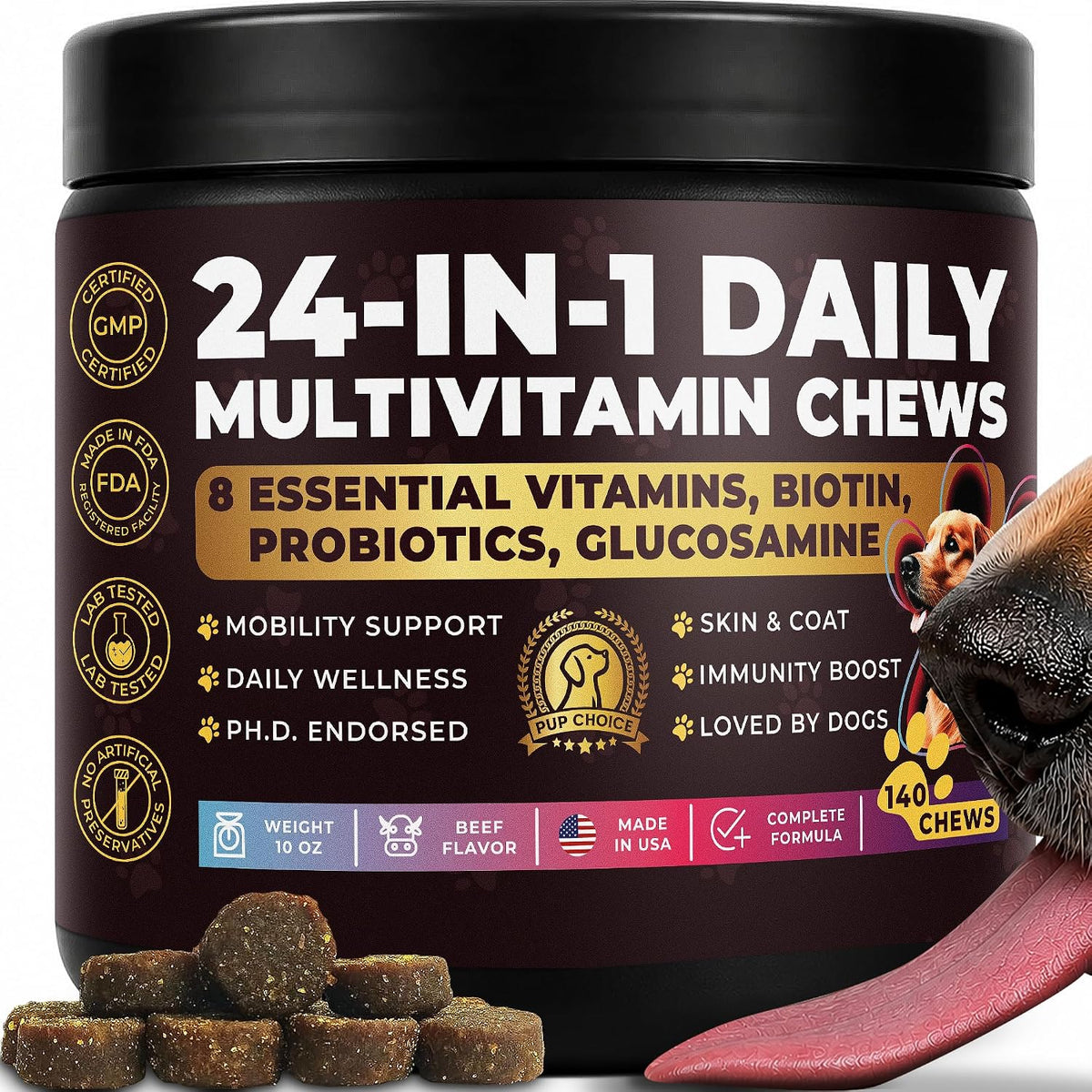 24-in-1 Dog Multivitamin Chews – Dog Vitamins & Supplements with Glucosamine, Chondroitin, Probiotics, Salmon Oil, Biotin – Daily Mobility, Digestion, Skin & Coat Support, Beef Flavour | 24-in-1 daily dog multivitamin, beef flavour, 140 soft chews - görsel 1