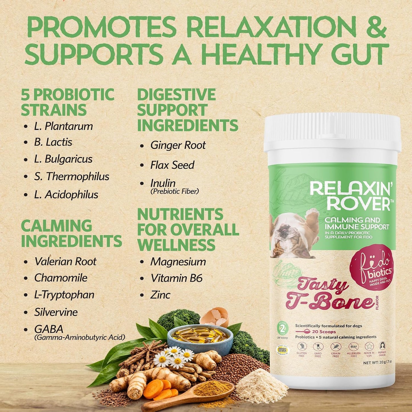Relaxin’ Rover Calming Supplement for Dogs with Probiotics, Valerian, Chamomile & GABA – T-Bone Flavour (20 Servings) - görsel 6