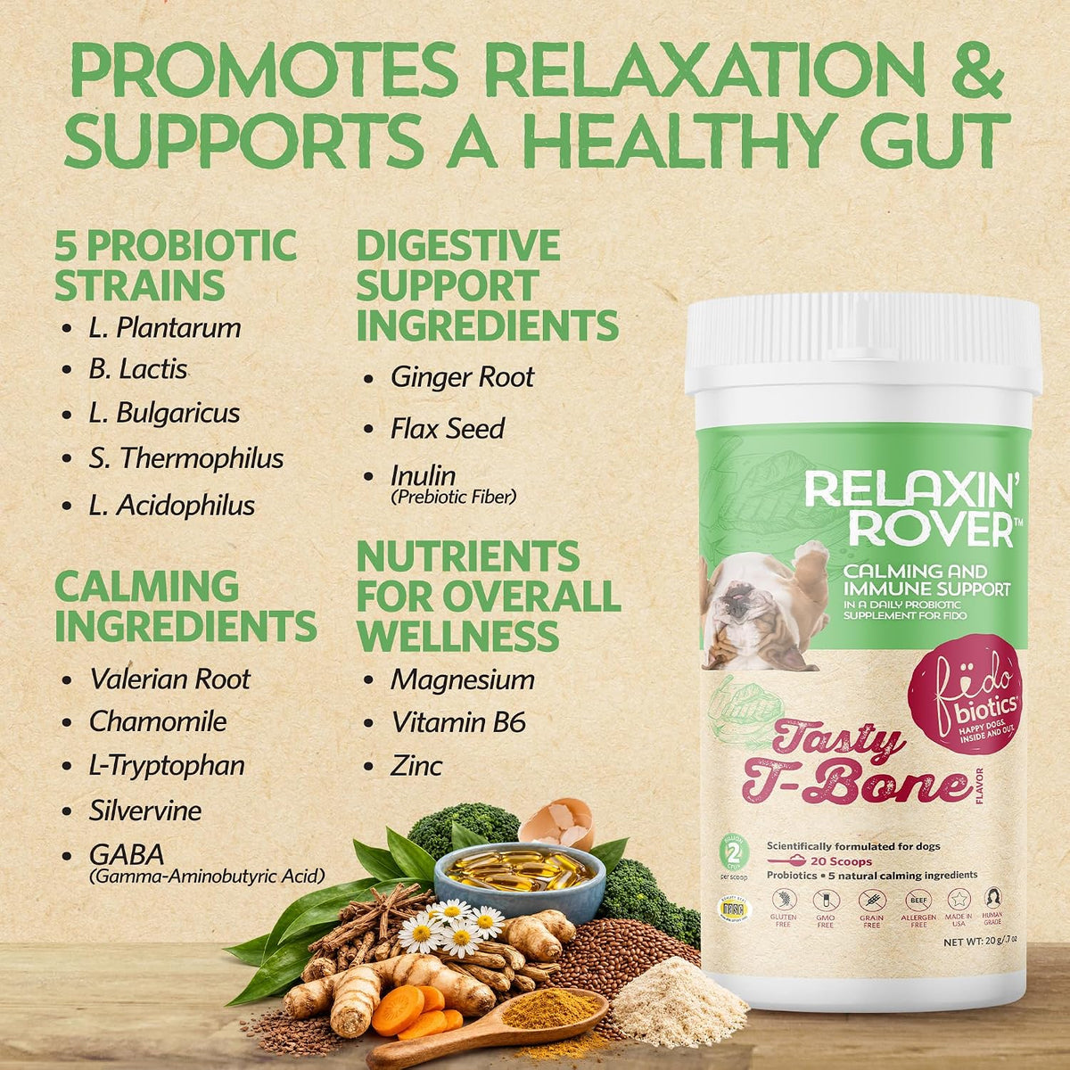 Relaxin’ Rover Calming Supplement for Dogs with Probiotics, Valerian, Chamomile & GABA – T-Bone Flavour (20 Servings) - görsel 6