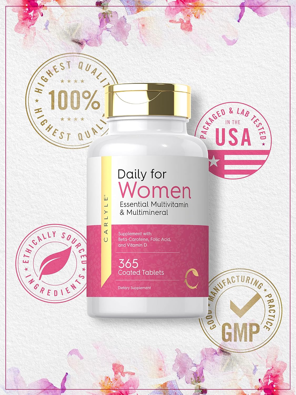 Carlyle Multivitamin and Multimineral for Women | 365 Tablets | Daily Supplement with Beta-Carotene, Folic Acid and Vitamin D | Non-GMO, Gluten-free - görsel 5