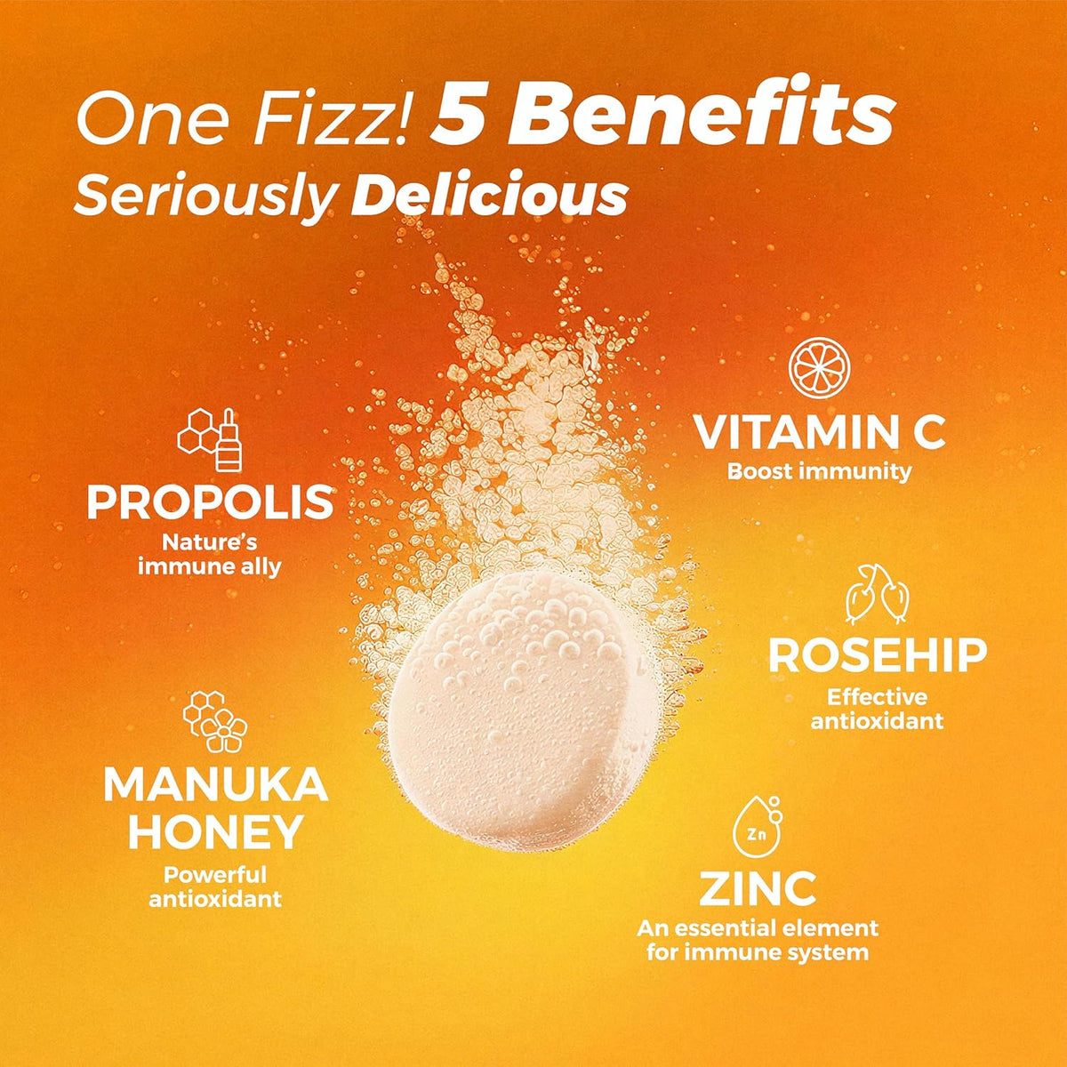 REACTONZ 5 in 1 Immunity Plus Effervescent Tablets – Immune Support with Vitamin C, Zinc, Manuka Honey, Rosehip & Propolis – Natural Orange Flavour – 20 Day Supply - görsel 3