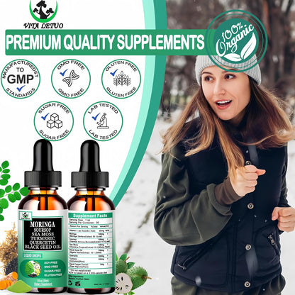 Moringa Drops: Pure Moringa Oleifera Liquid Extract with Soursop, Sea Moss, Black Seed Oil, Quercetin & Turmeric - Superfood Blend for Energy and Immune Support (30 Servings)
