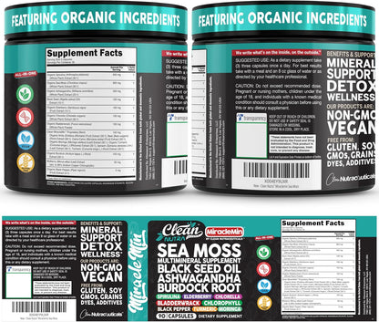 Clean Nutra Organic Sea Moss Capsules with Ashwagandha, Black Seed Oil, and Superfoods Blend – 90 Vegan Capsules