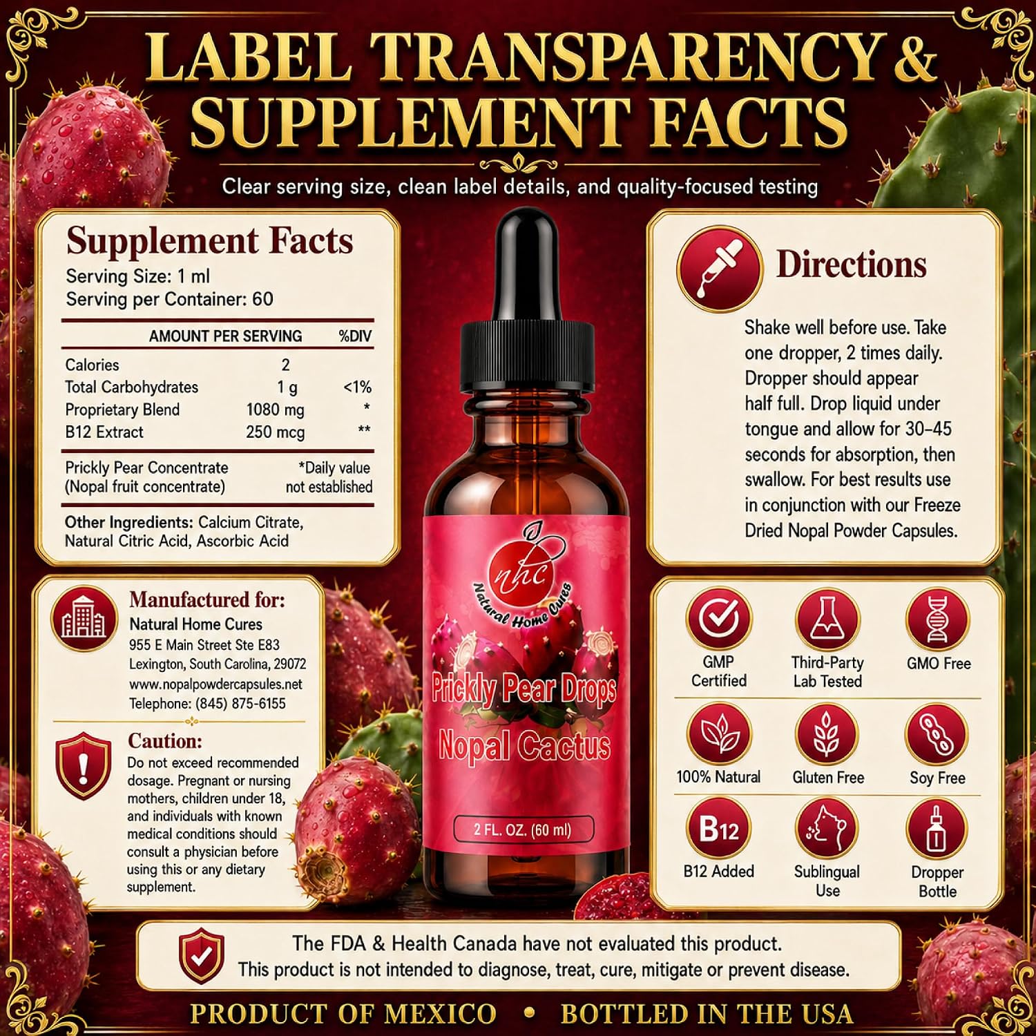 Prickly Pear Drops with Vitamin B12 - Nopal Cactus Fruit Concentrate, Liquid Supplement with Betalains & Plant Nutrients, 3 Bottles (180 Servings) - görsel 5