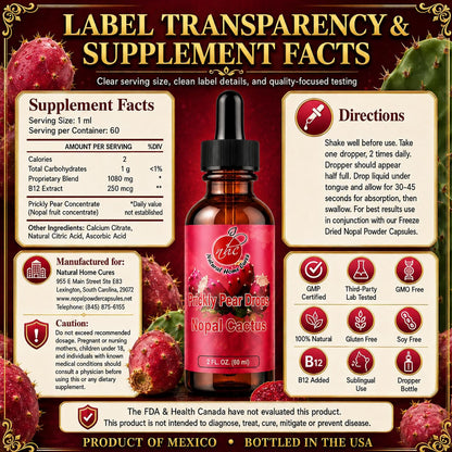 Prickly Pear Drops with Vitamin B12 - Nopal Cactus Fruit Concentrate, Liquid Supplement with Betalains & Plant Nutrients, 3 Bottles (180 Servings)