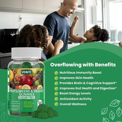 VIDAVITE Sugar-free Super Greens Gummies — Made in USA, 35+ Fruit and Veggie Gummies to Support Immunity, Skin & Gut Health — Ideal Fruits and Vegetables Supplement for Adults & Picky Teens (30-Day Supply)
