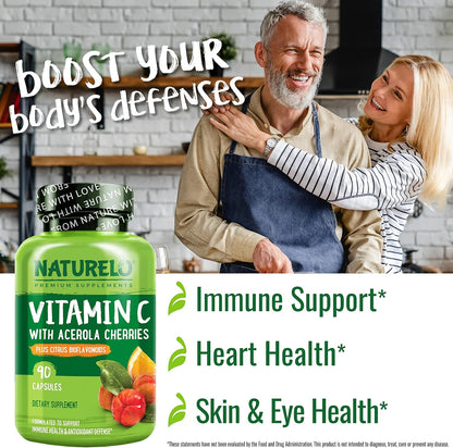 NATURELO Vitamin C with Organic Acerola Cherry and Citrus Bioflavonoids - 500 mg - 180 Vegan Capsules