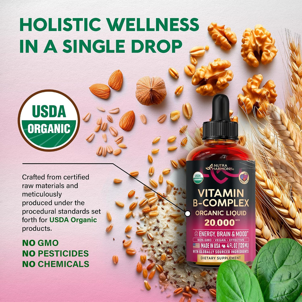 Organic Vitamin B-Complex Liquid Drops – B5 Pantothenic Acid, B12 Methylcobalamin, B1 Thiamine, B6 Pyridoxine, B7 Biotin, B9 Folic Acid, B3 Niacinamide – Natural Berry Flavour, 118 ml - görsel 4