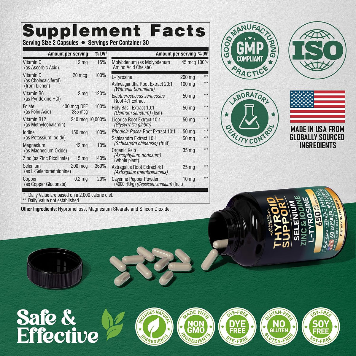 Thyroid Support for Women - Selenium 200 mcg | Astragalus | Zinc & Iodine | L-Tyrosine | Adaptogen Herbs - 21-in-1 Antioxidant & Immune Support - Vegan, Non-GMO - Lab Tested - 60 Capsules - görsel 7