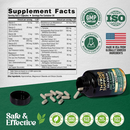Thyroid Support for Women - Selenium 200 mcg | Astragalus | Zinc & Iodine | L-Tyrosine | Adaptogen Herbs - 21-in-1 Antioxidant & Immune Support - Vegan, Non-GMO - Lab Tested - 60 Capsules