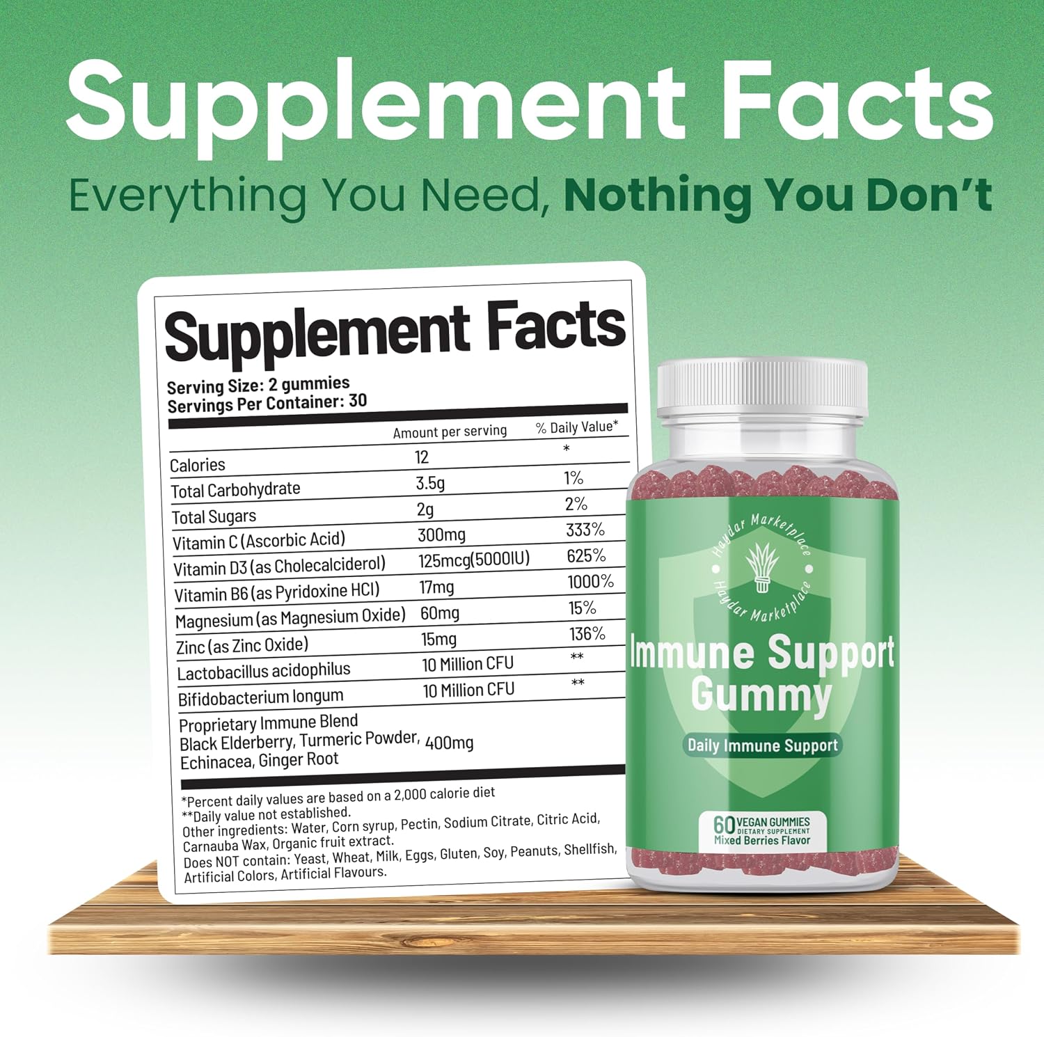Immune Support Gummies for Adults - Vegan with Vitamins C & D, Zinc, Magnesium, Probiotics, Elderberry & Turmeric - 60 Gummies - görsel 5