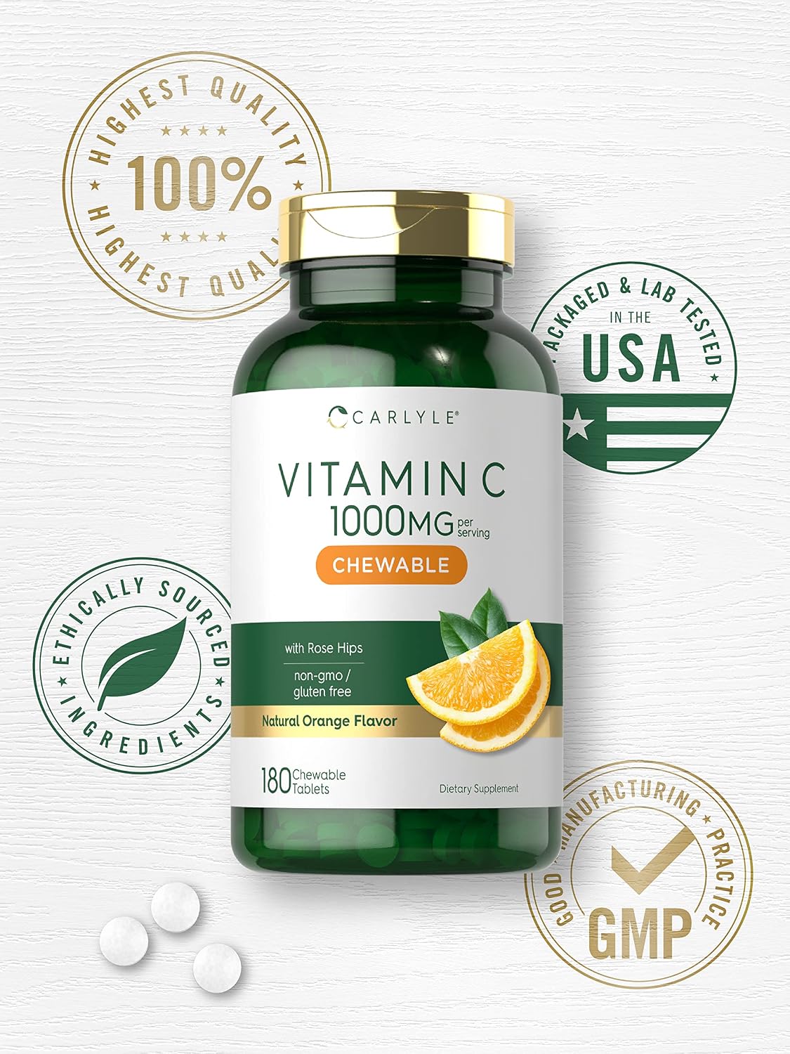 Carlyle Vitamin C Chewables | 1000mg | 180 Tablets | Vegetarian, Non-GM, Gluten-free Supplement – Image 5