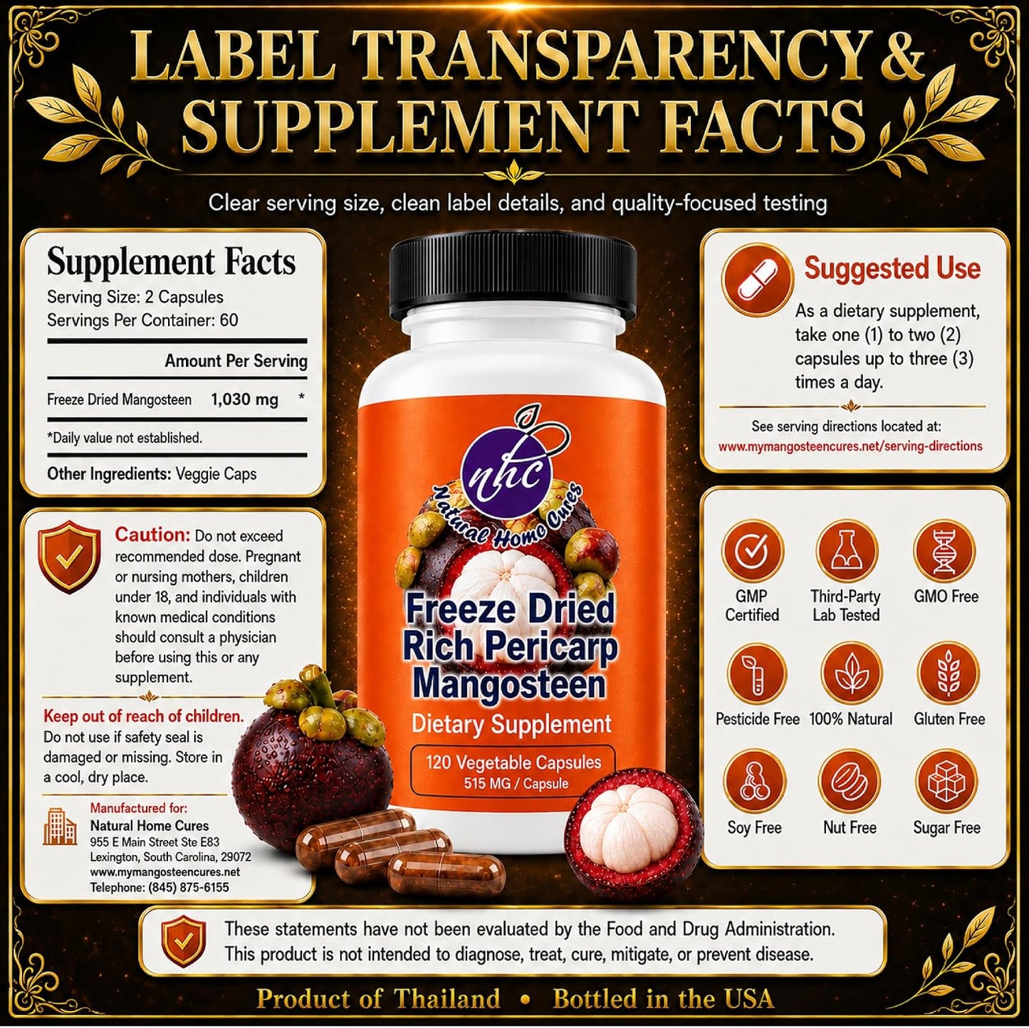 Mangosteen Food Supplement Capsules – Freeze-Dried Pericarp Powder, 515 mg, 480 Vegan Capsules - görsel 5