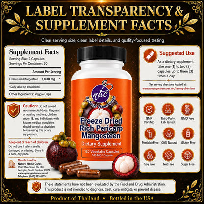 Mangosteen Food Supplement Capsules – Freeze-Dried Pericarp Powder, 515 mg, 480 Vegan Capsules