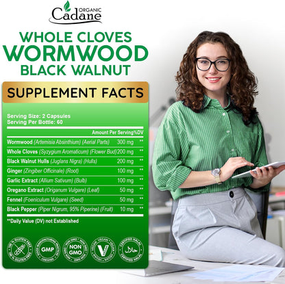 Cadane Wormwood Whole Cloves Black Walnut with Ginger, Garlic, Oregano, Fennel & Black Pepper – Digestive & Wellness Support – 120 Capsules (60-Day Supply)