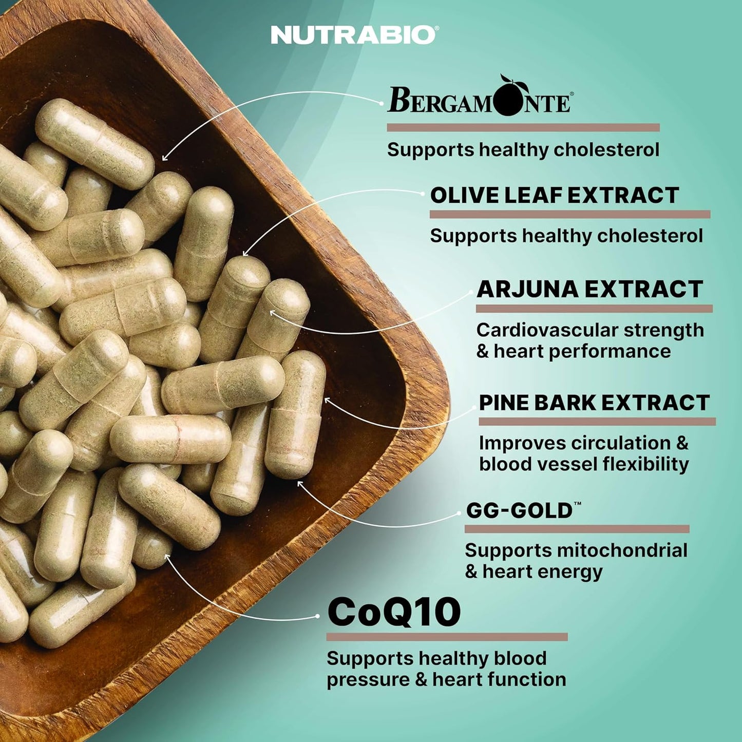 NutraBio Heart - Cardiovascular Supplement with Bergamonte, CoQ10, and Olive Leaf Extract - 90 Capsules - görsel 3