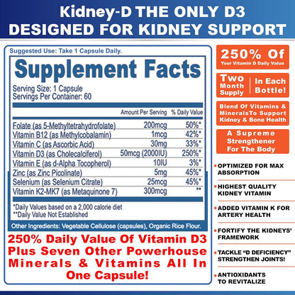Kidney-D Supplement | Vitamin D3 with 7 Nutrients for Kidney Support