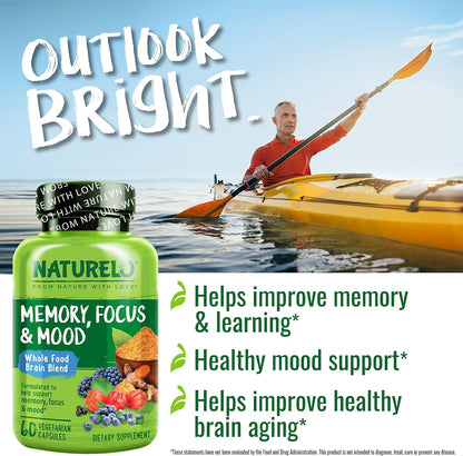 NATURELO Whole Food Brain Supplement – Memory & Focus Support – 60 Vegetarian Capsules