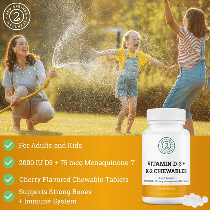 Vitamin D3 + K2 Chewables, Cherry Flavoured | 2000 IU Vitamin D, MK7 K2 (Menaquinone-7), Tablets, For Adults and Kids