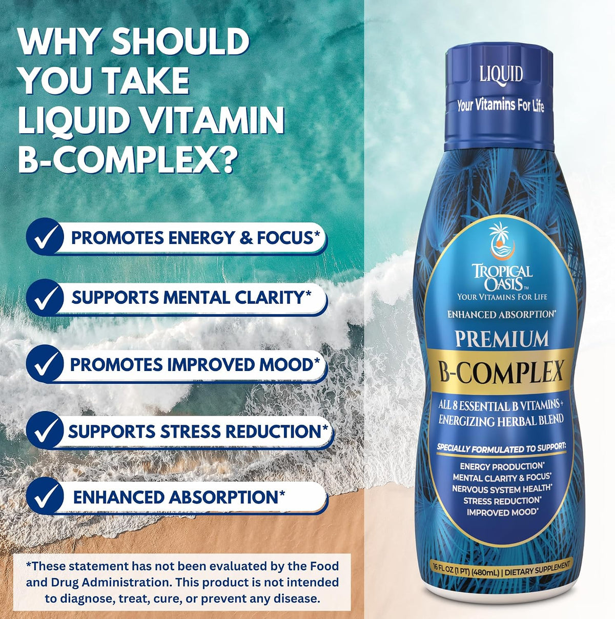 Tropical Oasis Premium Liquid B-Complex w/ Energy maximising Herbs - Fast Absorbing Liquid B Complex Supplement w/ full range of 8 B vitamins - 473 ml (16 fl oz), 32 Servings - görsel 5
