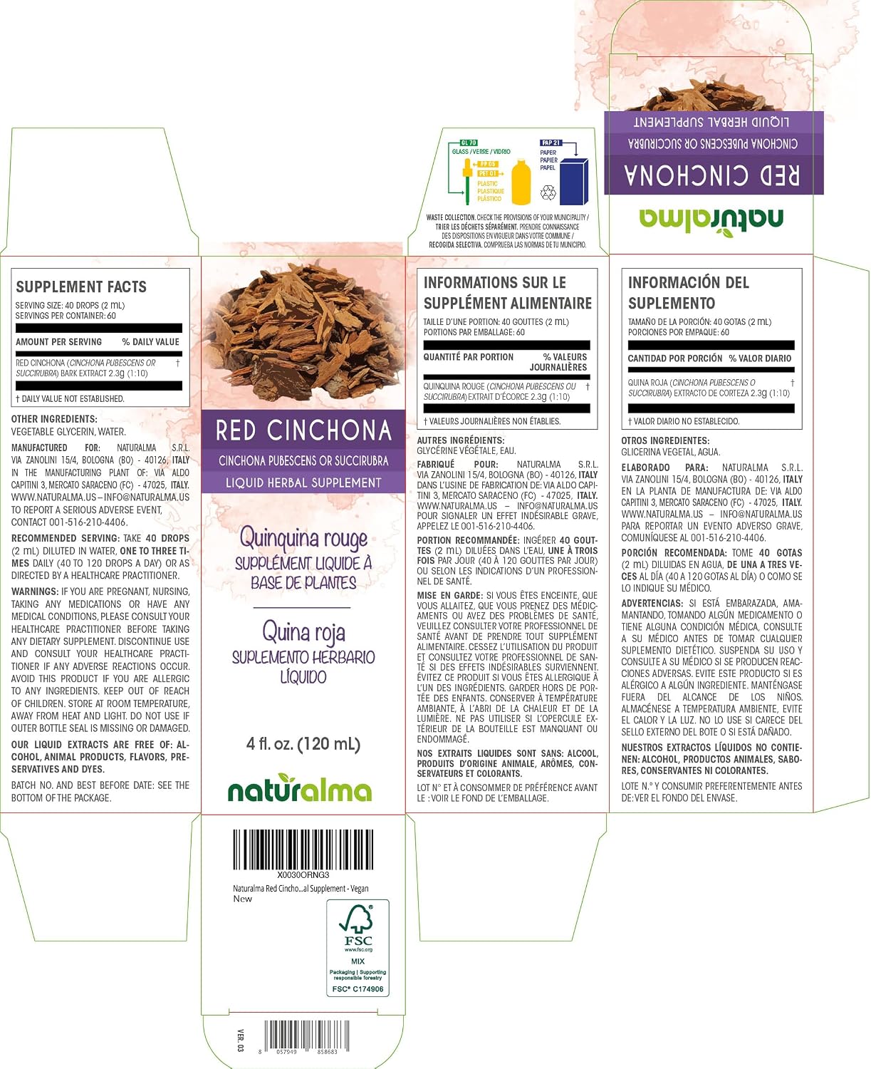 Naturalma Red Cinchona Bark Alcohol-Free Tincture - Quinine Supplement - 118 ml - görsel 2