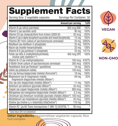 Body Kitchen Women’s Multivitamin with Optifolin+ & VitaCholine – for Immune, Energy & Skin Health – 60 Capsules