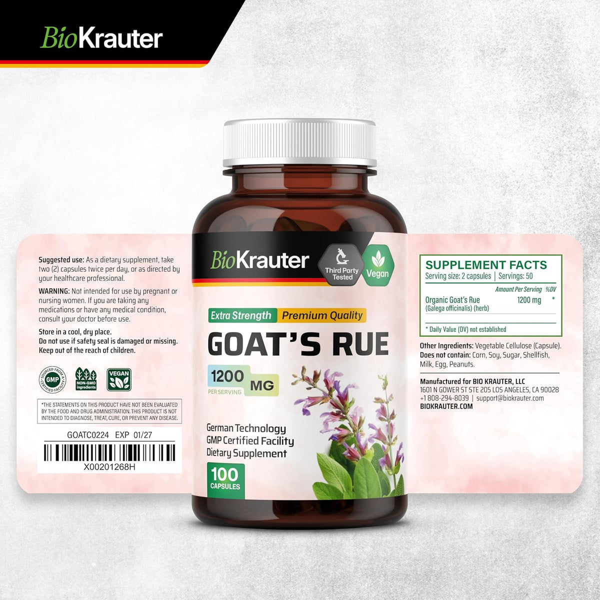 BIO KRAUTER® Goat's Rue for Breastfeeding - Pure Vegan Lactation Supplement - 100 Capsules, 1200 mg per Serving - görsel 9
