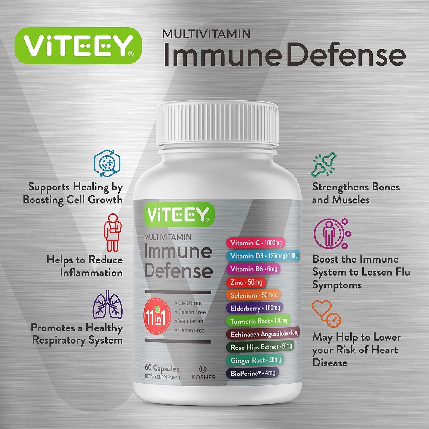 Viteey 11-in-1 Immune Support Supplement - Immune Defence with Vitamin D3, C, Zinc, Elderberry, and BioPerine (120 Capsules) - görsel 3