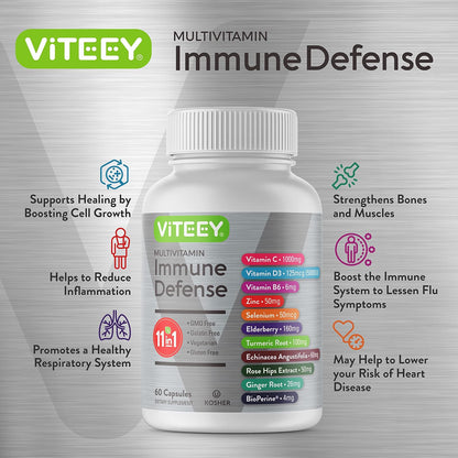 Viteey 11-in-1 Immune Support Supplement - Immune Defence with Vitamin D3, C, Zinc, Elderberry, and BioPerine (120 Capsules)