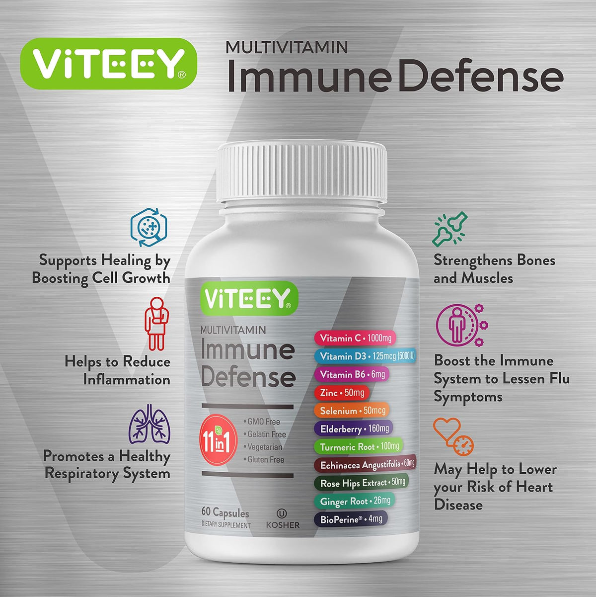 Viteey 11-in-1 Immune Support Supplement with Vitamin D3, C, Zinc, and Elderberry (60 Capsules) - görsel 3