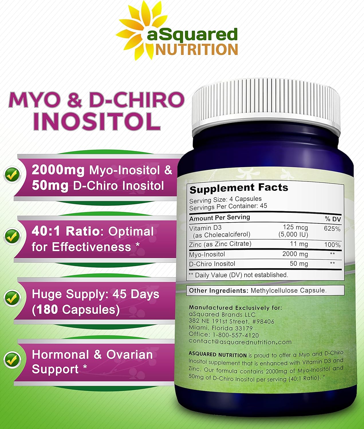 aSquared Nutrition Myo-Inositol & D-Chiro Inositol Supplement - 40:1 Ratio with Vitamin D3 and Zinc - 180 Capsules - görsel 5