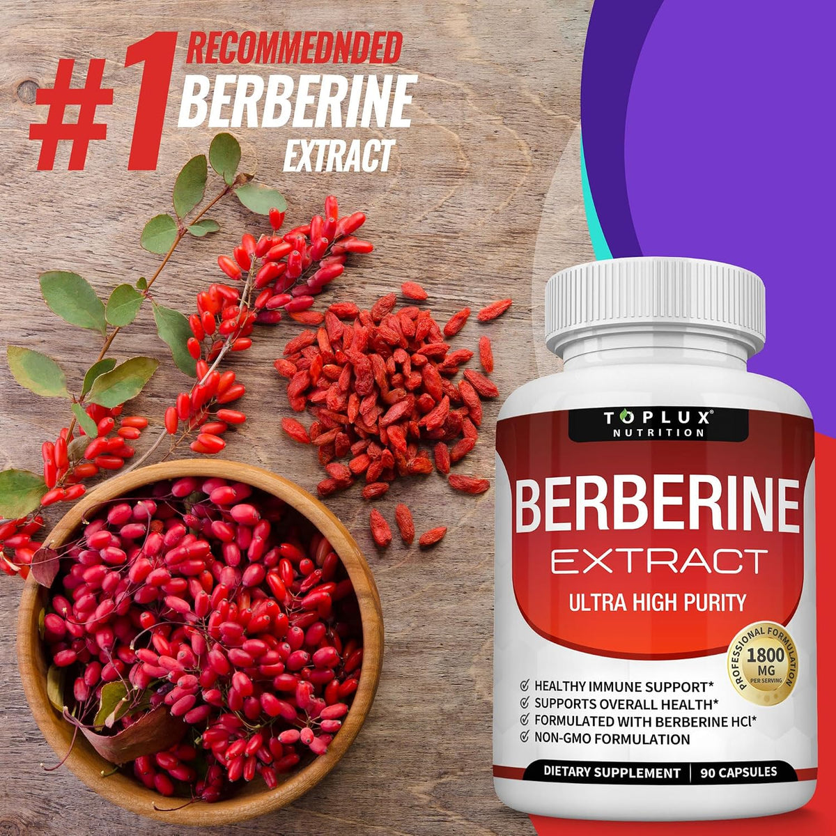 Toplux Berberine Supplement 1800mg - Berberine HCl 97% Purity, High Potency, 90 Capsules - görsel 7