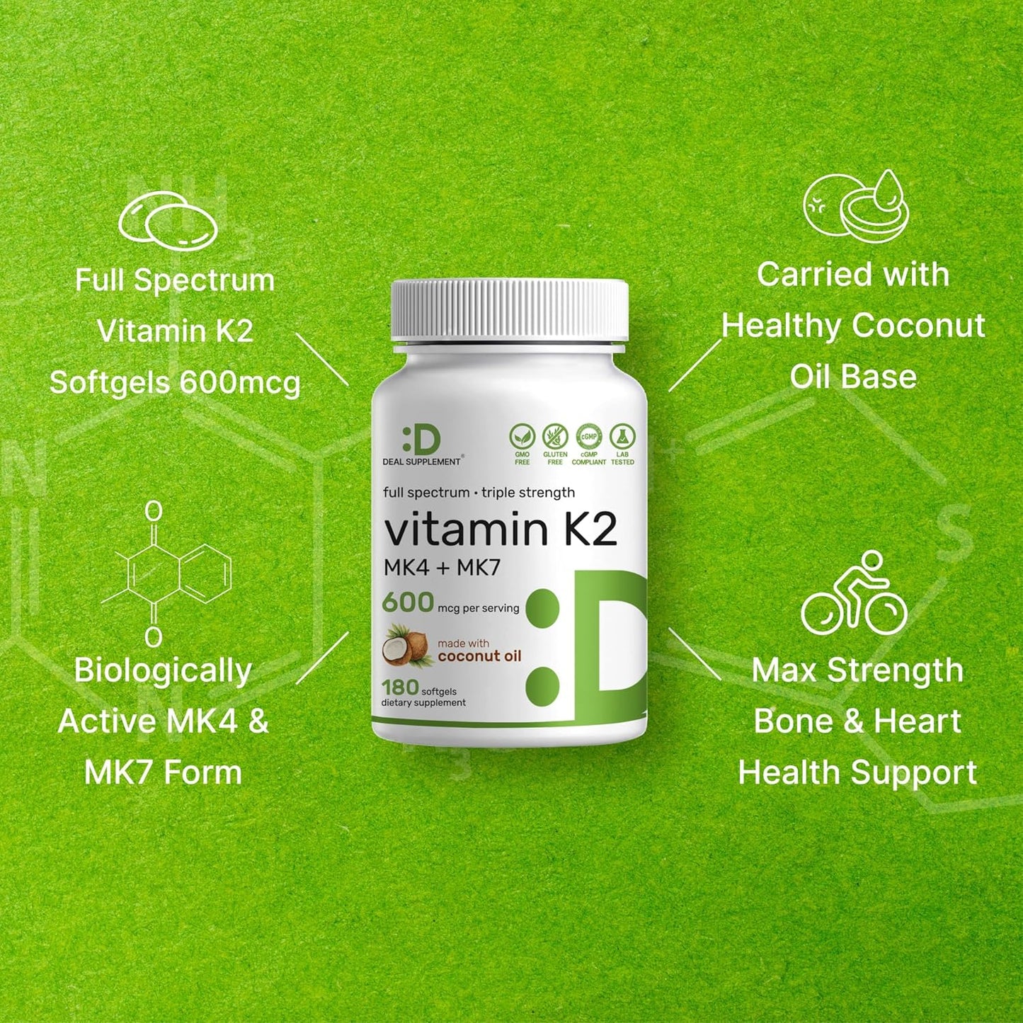 DEAL SUPPLEMENT Vitamin K2 600mcg, 180 Coconut Oil Softgels | Full Spectrum MK-7 & MK-4 - görsel 4