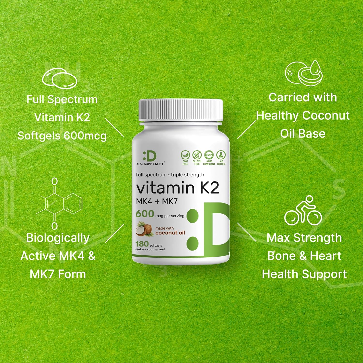 DEAL SUPPLEMENT Vitamin K2 600mcg, 180 Coconut Oil Softgels | Full Spectrum MK-7 & MK-4 - görsel 4
